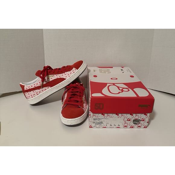 PUMA Suede Hello Kitty‎ 50th Anniversary Red & White Sneakers Size 7C/8W - Picture 1 of 13